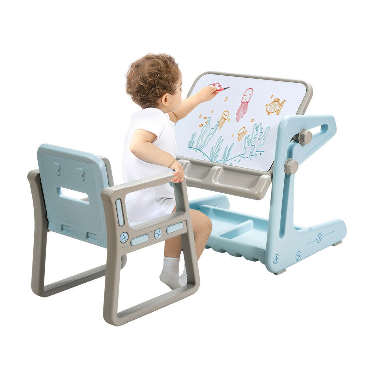 2 in 1 Kids Art Easel Table and Chair Set  with Adjustable Painting Board