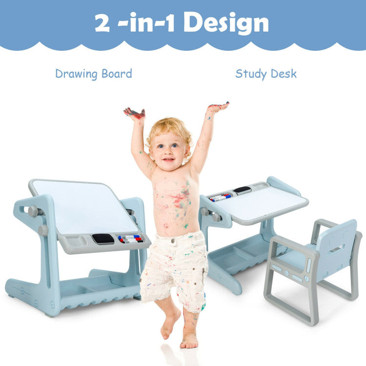 2 in 1 Kids Art Easel Table and Chair Set  with Adjustable Painting Board