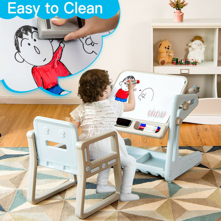 2 in 1 Kids Art Easel Table and Chair Set  with Adjustable Painting Board