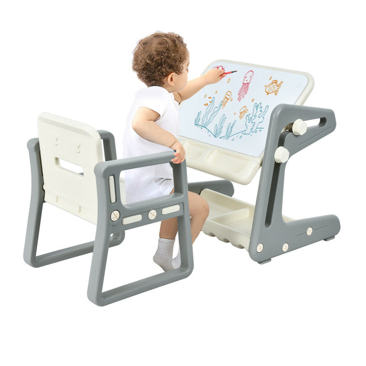 2 in 1 Kids Art Easel Table and Chair Set  with Adjustable Painting Board