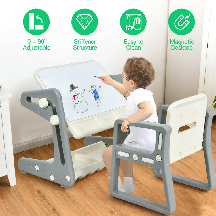 2 in 1 Kids Art Easel Table and Chair Set  with Adjustable Painting Board