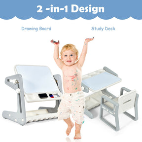 2 in 1 Kids Art Easel Table and Chair Set  with Adjustable Painting Board