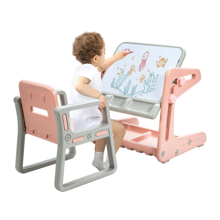 2 in 1 Kids Art Easel Table and Chair Set  with Adjustable Painting Board