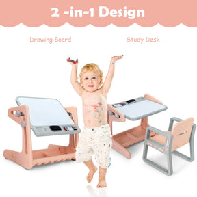 2 in 1 Kids Art Easel Table and Chair Set  with Adjustable Painting Board