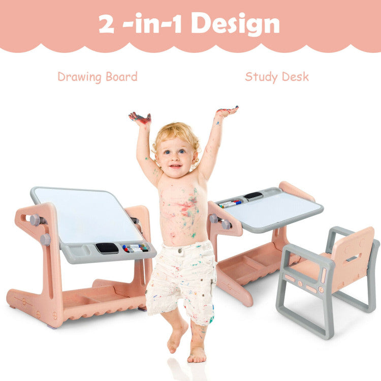 2 in 1 Kids Art Easel Table and Chair Set  with Adjustable Painting Board