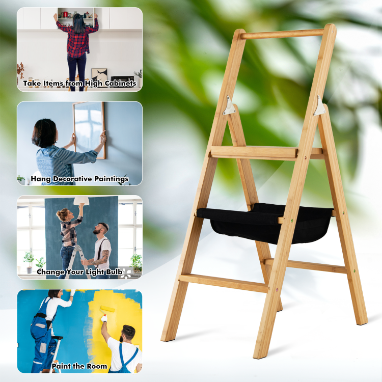 3-Step Foldable Bamboo Step Ladder Stool with Tool Storage Bag