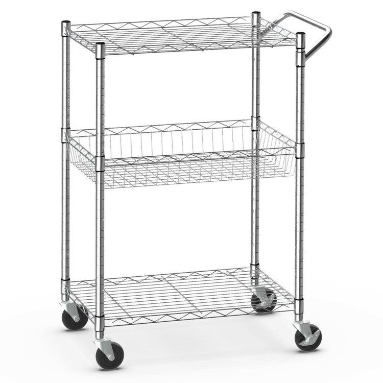 3-Tier Rolling Utility Cart on Wheels with Handle Bar and Adjustable Shelves for Kitchen