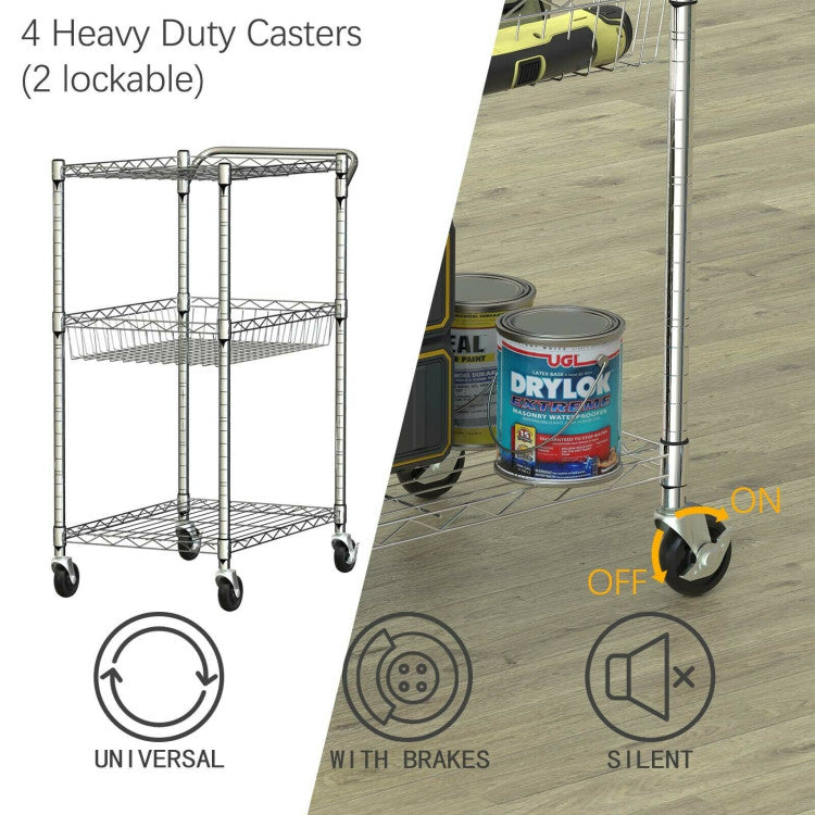 3-Tier Rolling Utility Cart on Wheels with Handle Bar and Adjustable Shelves for Kitchen