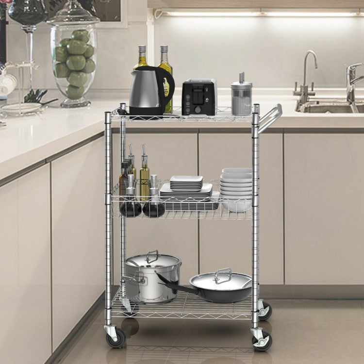 3-Tier Rolling Utility Cart on Wheels with Handle Bar and Adjustable Shelves for Kitchen