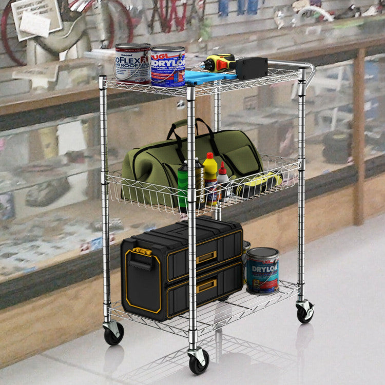 3-Tier Rolling Utility Cart on Wheels with Handle Bar and Adjustable Shelves for Kitchen