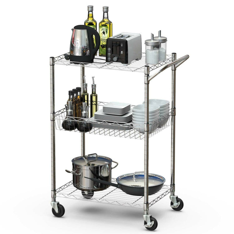 3-Tier Rolling Utility Cart on Wheels with Handle Bar and Adjustable Shelves for Kitchen