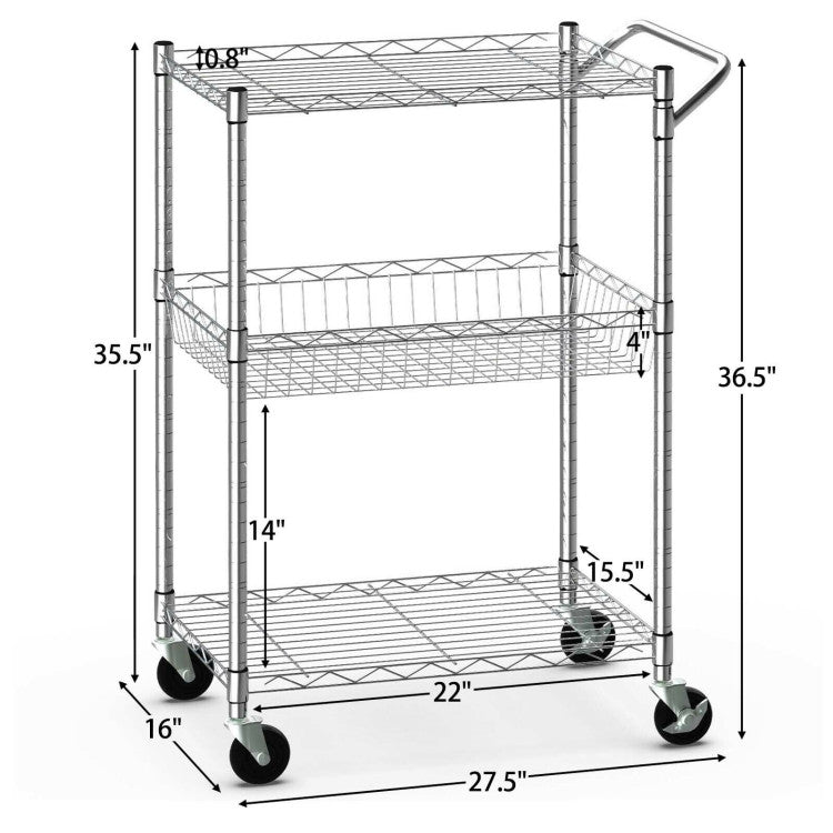 3-Tier Rolling Utility Cart on Wheels with Handle Bar and Adjustable Shelves for Kitchen