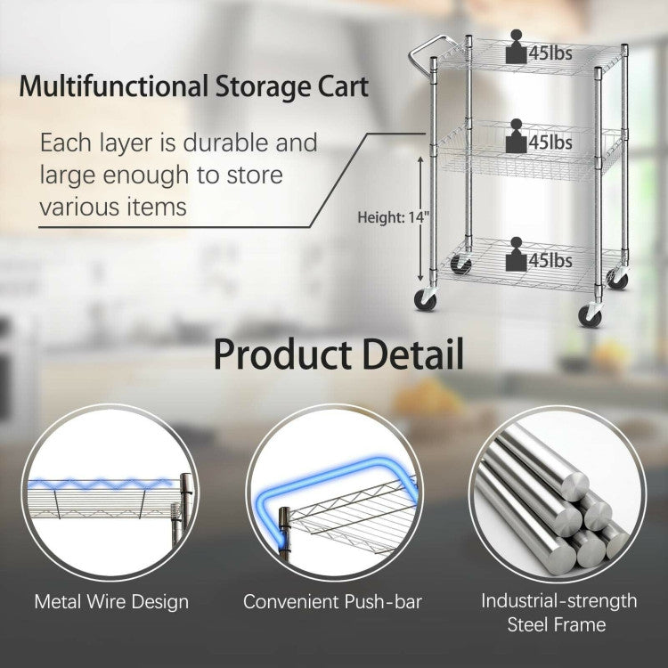 3-Tier Rolling Utility Cart on Wheels with Handle Bar and Adjustable Shelves for Kitchen