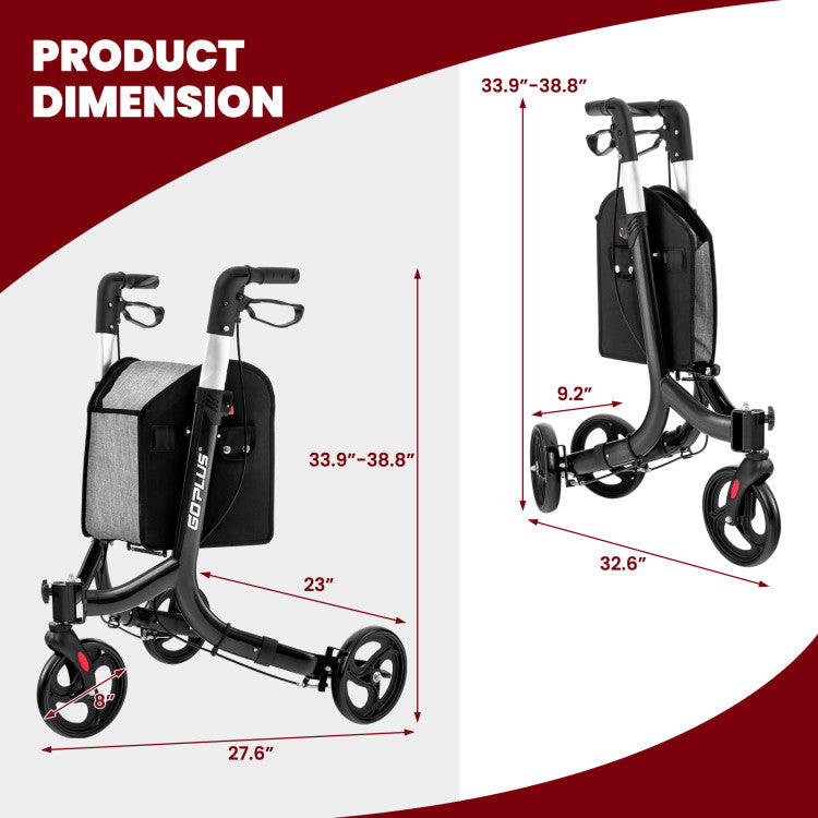 3-Wheel Folding Rolling Rollator Walker with Adjustable Handle and Shopping Bag