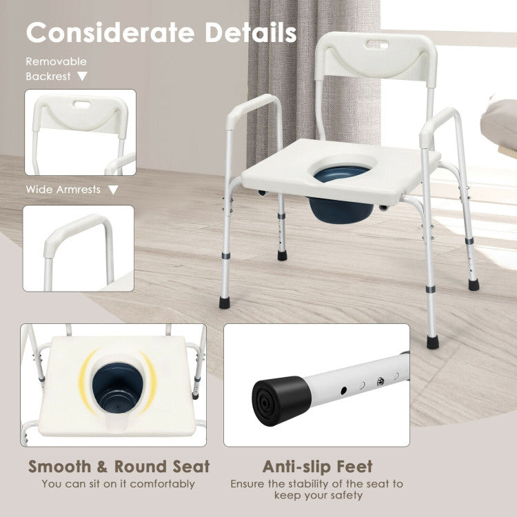 3-in-1 Bedside Commode Portable Toilet Chair with 5-Level Adjustable Height