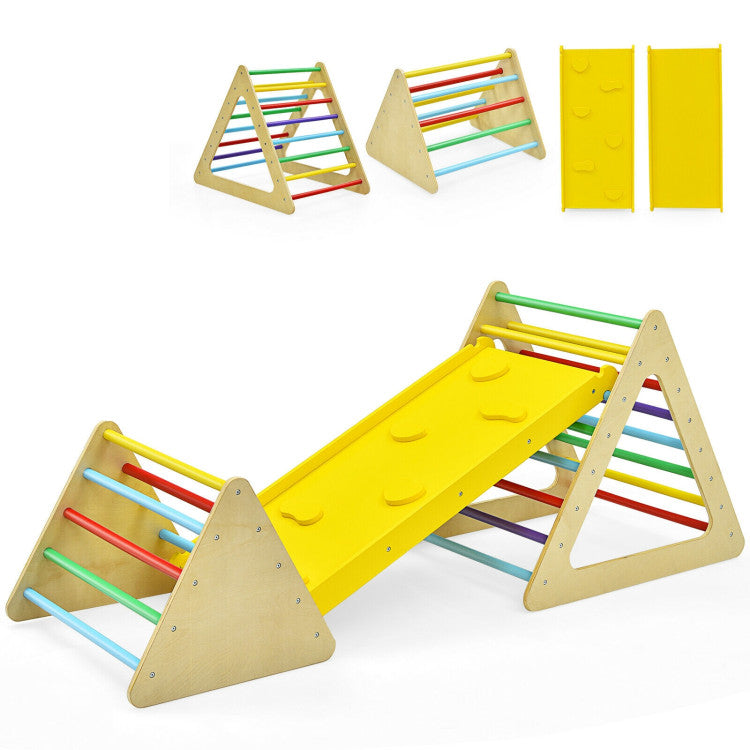 3-in-1 Wooden Set of 2 Triangle Children Climbing Toys Slides with Ramp