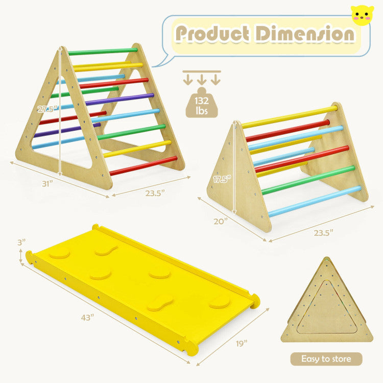 3-in-1 Wooden Set of 2 Triangle Children Climbing Toys Slides with Ramp