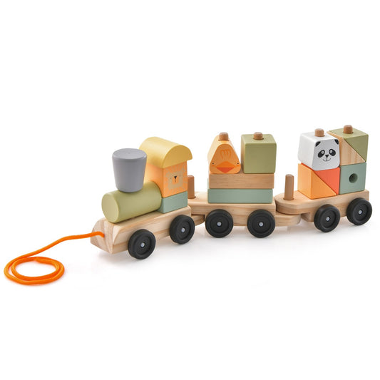 3-Section Wooden Train Set with Stackable Building Blocks