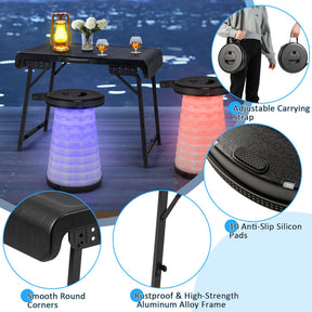 3 Pieces Folding Camping Table Stool Set with LED in the Retractable Stools