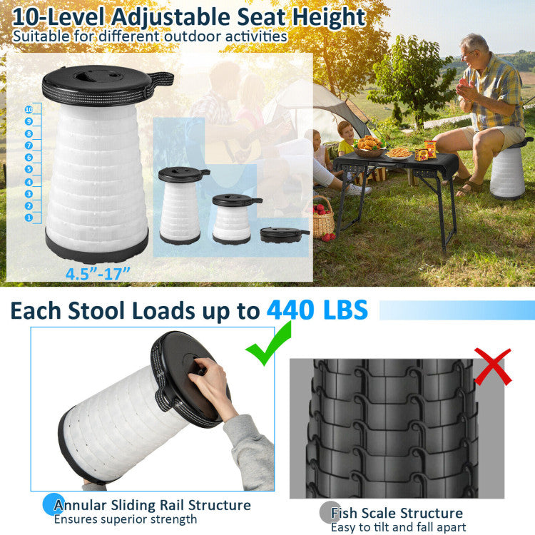 3 Pieces Folding Camping Table Stool Set with LED in the Retractable Stools