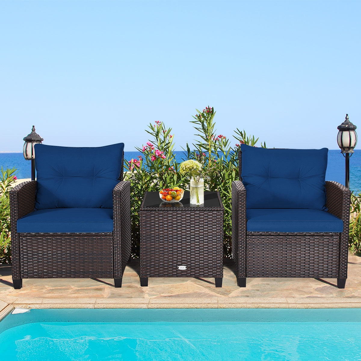 3 Pieces Rattan Patio Furniture Set with Easy-to-clean Cushions