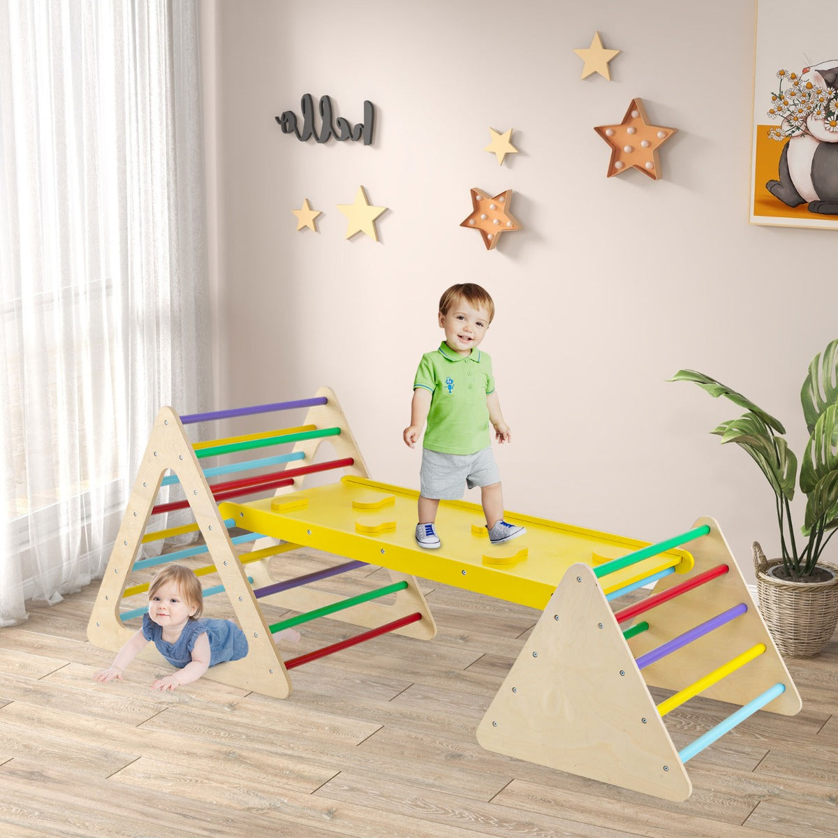 3 in 1 Climbing Toy Set with 2 Triangle Ladders and Ramp for Toddlers