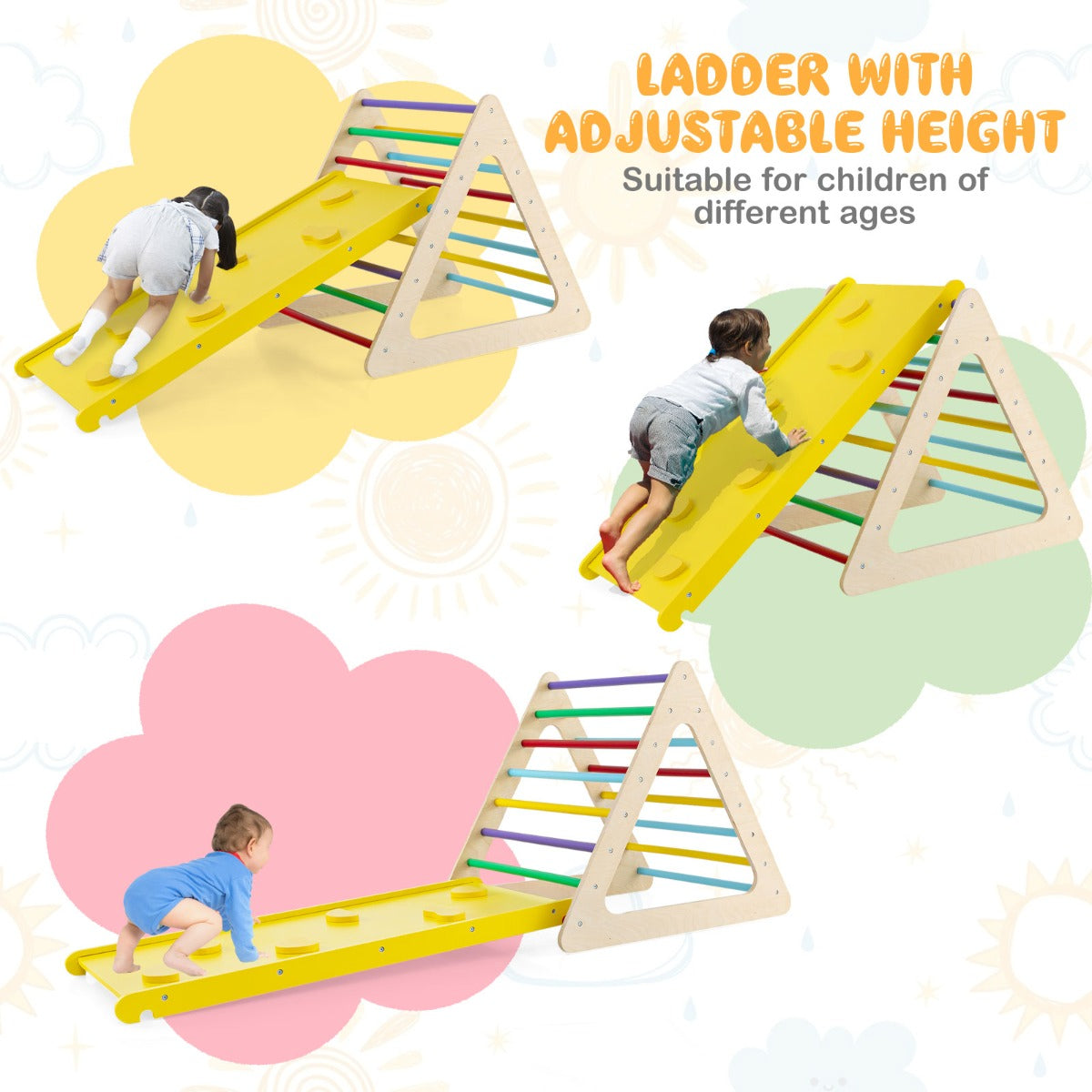 3 in 1 Climbing Toy Set with 2 Triangle Ladders and Ramp for Toddlers