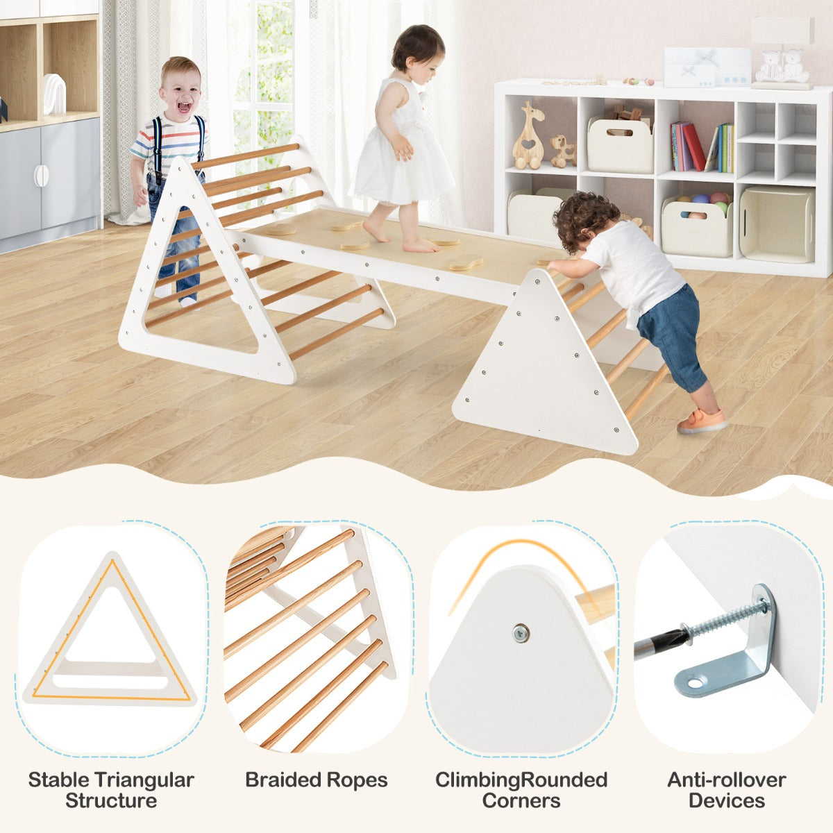 3 in 1 Climbing Toy Set with 2 Triangle Ladders and Ramp for Toddlers