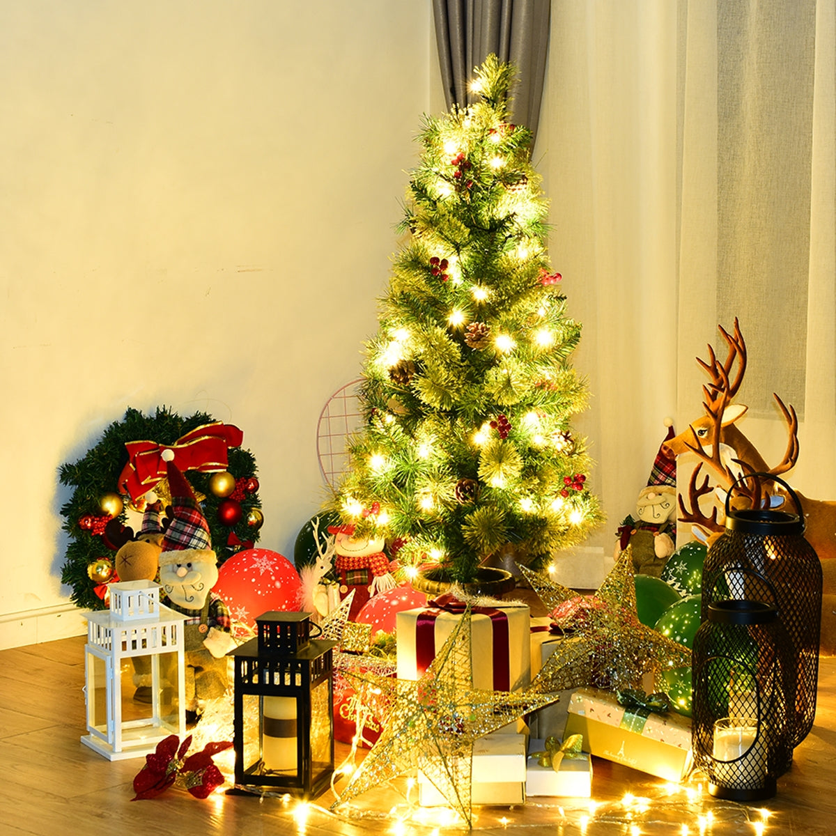 3/5 Feet Pre-lit LED Christmas Tree with Red Berries and Pine Cones