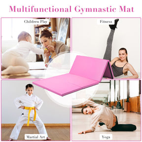 Hikidspace 4-Panel Folding Gymnastics & Yoga Mat with Carrying Handles for Home Gym_Pink