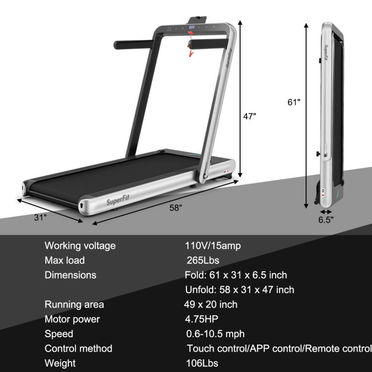 4.75HP 2-In-1 Folding Walking Pad Treadmill with APP Remote Control and LED Touch Screen