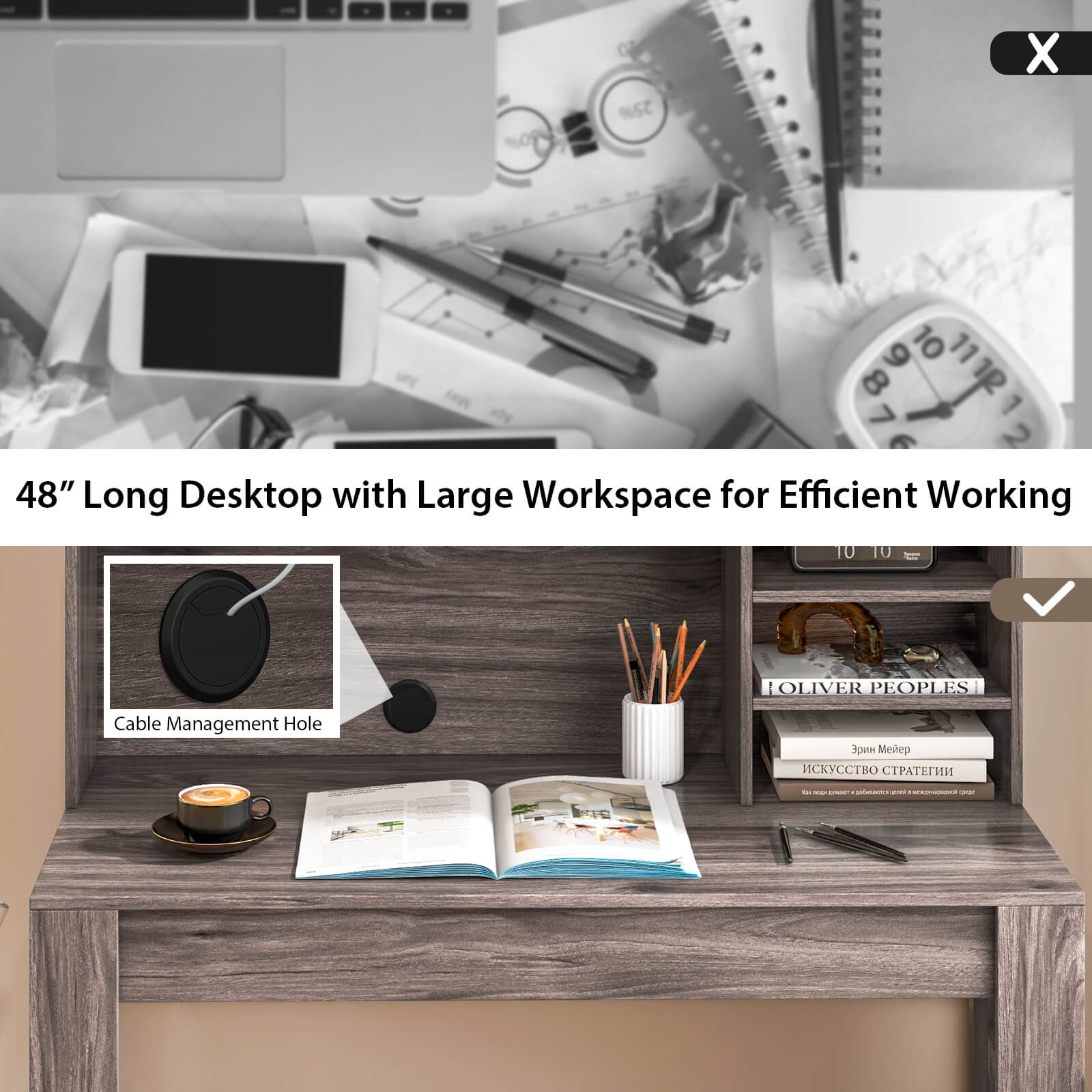 48 Inch Writing Computer Desk with Anti-Tipping Kits and Bookshelf