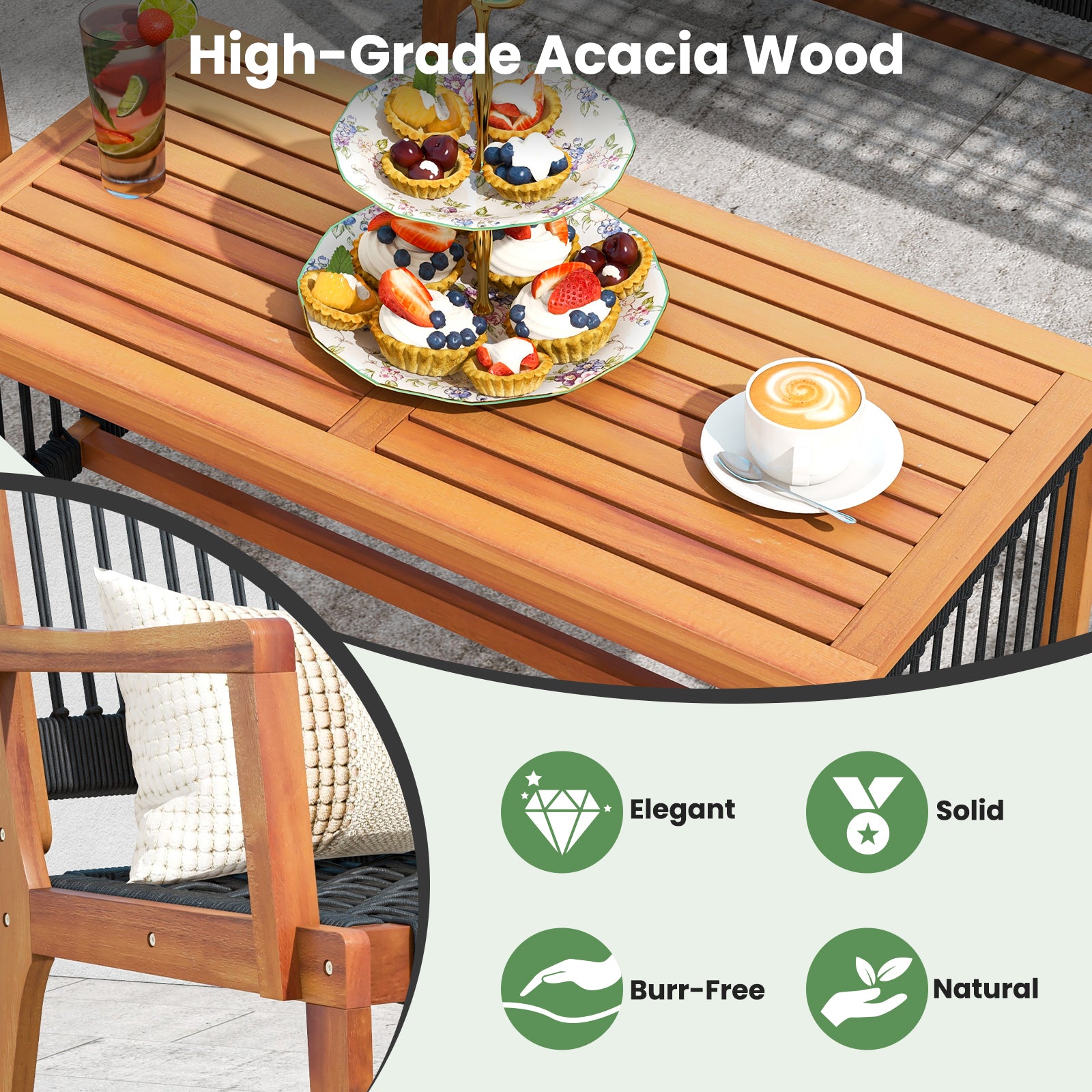 4 Pieces Acacia Wood Conversation Table and Chair Set with Hand Woven Rope for Outdoor Patio