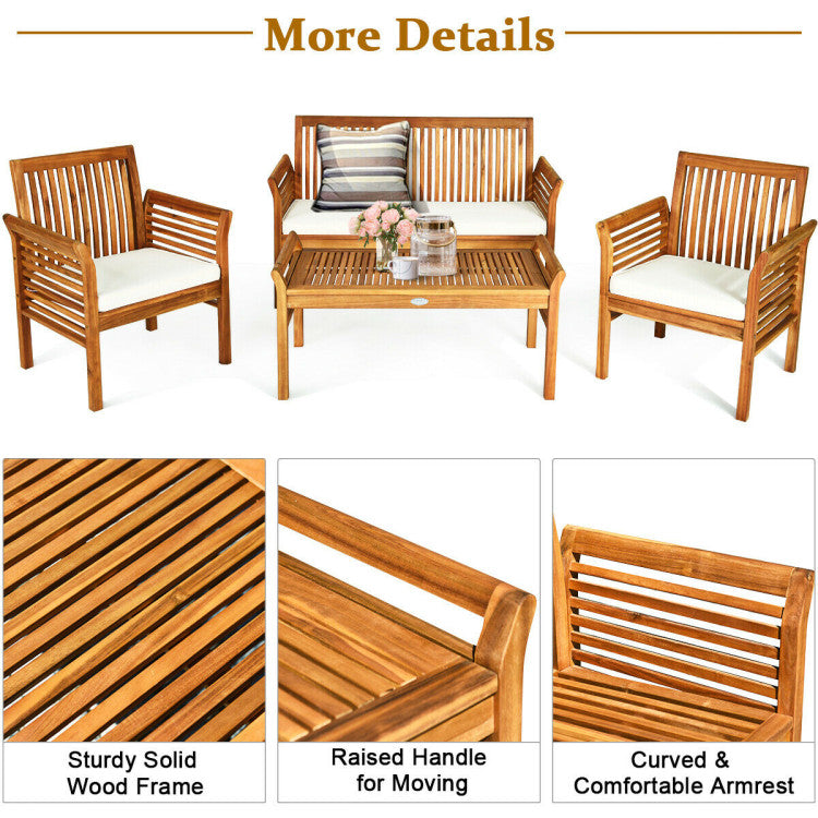 4 Pieces Outdoor Acacia Wood Sofa Furniture Set with Cushions