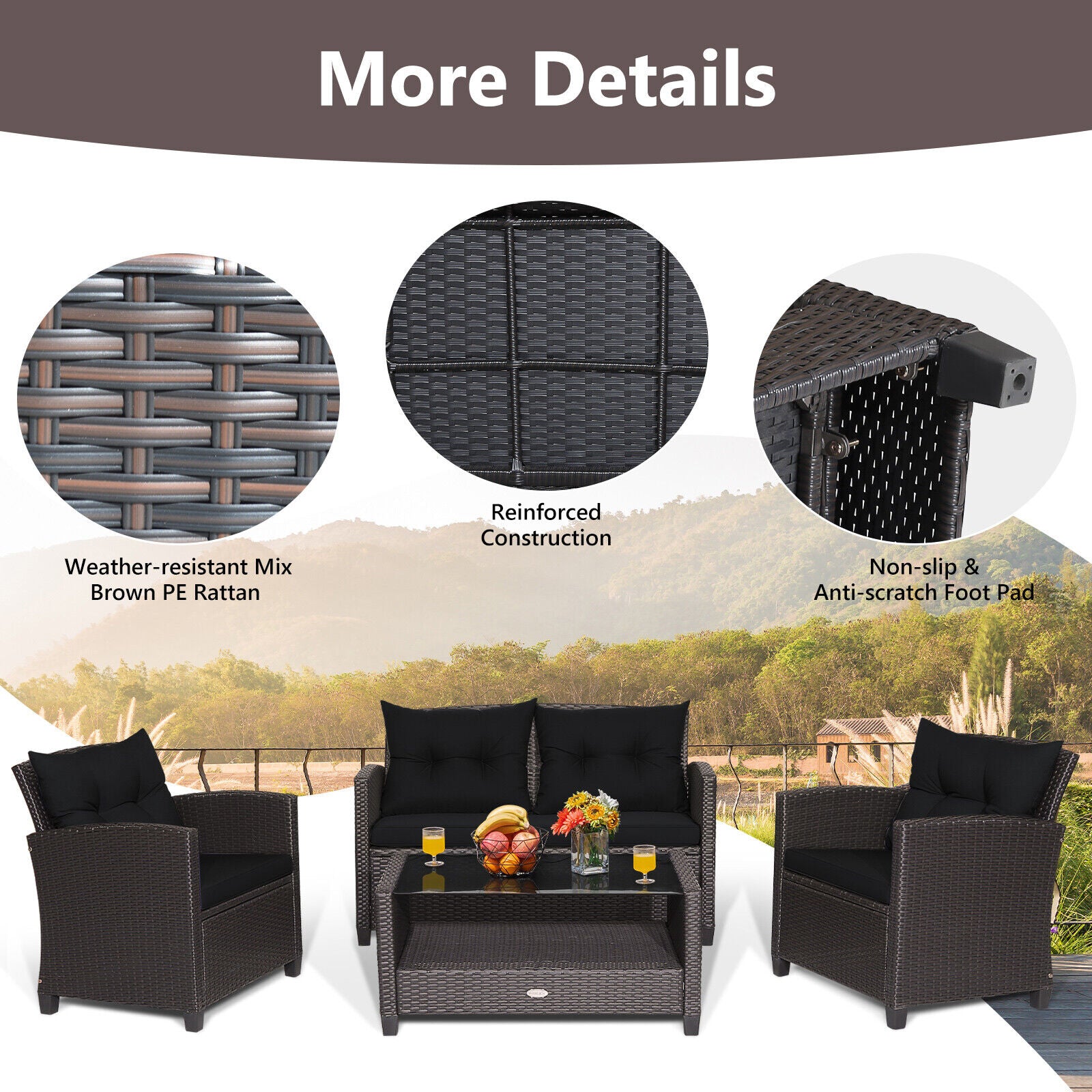 4 Pieces Outdoor Rattan Armrest Furniture Set Table with Lower Shelf
