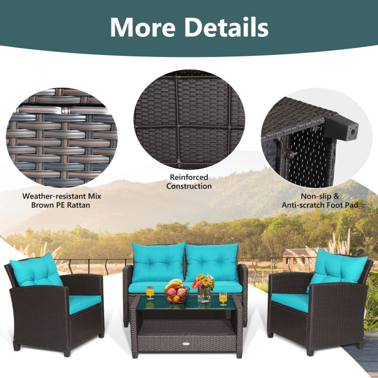 4 Pieces Outdoor Rattan Armrest Furniture Set Table with Lower Shelf