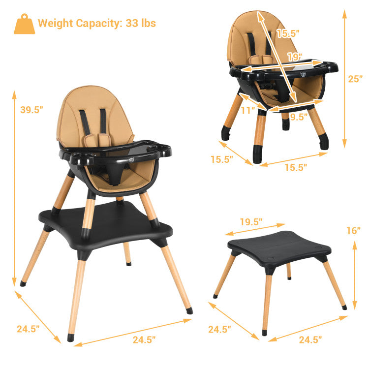 5-in-1 Baby Convertible Wooden High Chair with Detachable Tray and Seat Belt