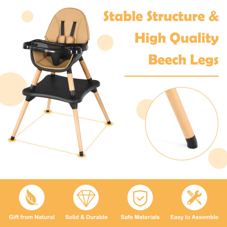 5-in-1 Baby Convertible Wooden High Chair with Detachable Tray and Seat Belt