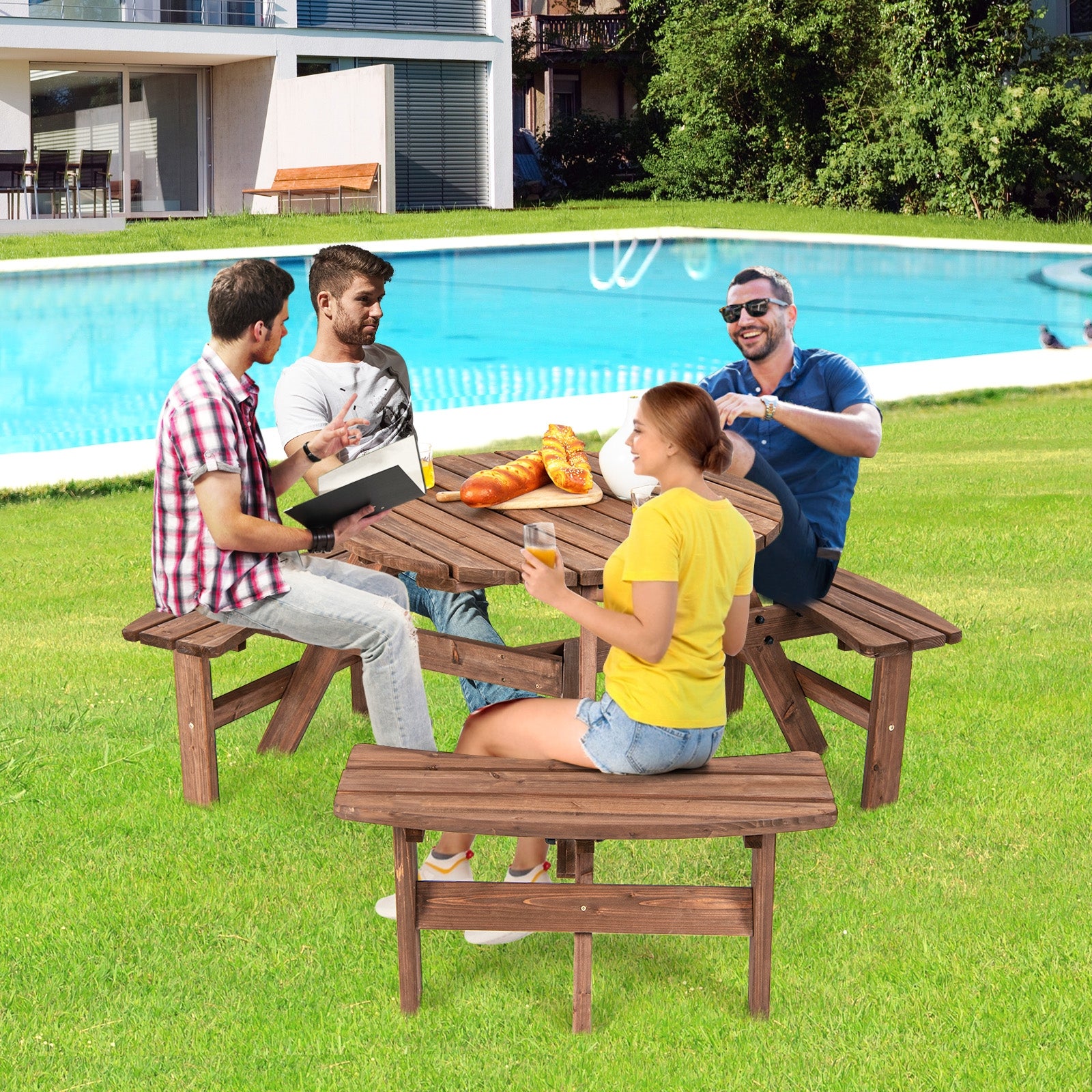 6-Person Patio Wood Table Beer Bench Set for Picnic & Beach