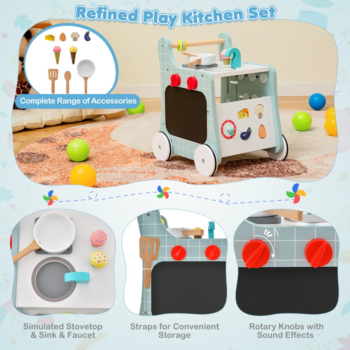 6-in-1 Toddler Push and Pull Walker with Play Kitchen for Kids