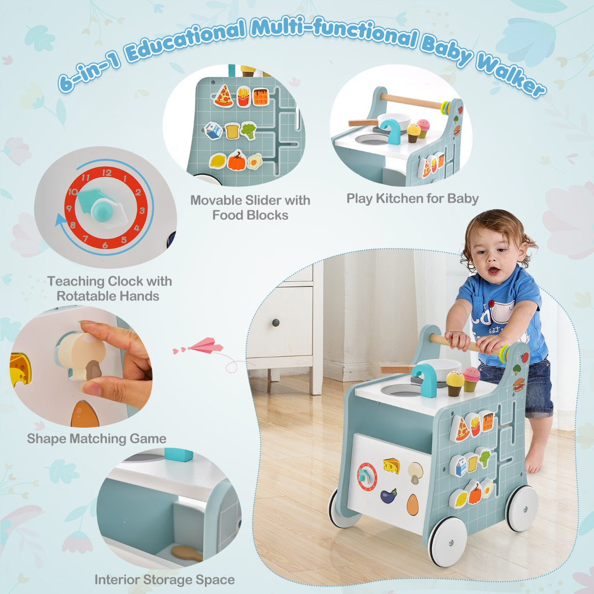 6-in-1 Toddler Push and Pull Walker with Play Kitchen for Kids