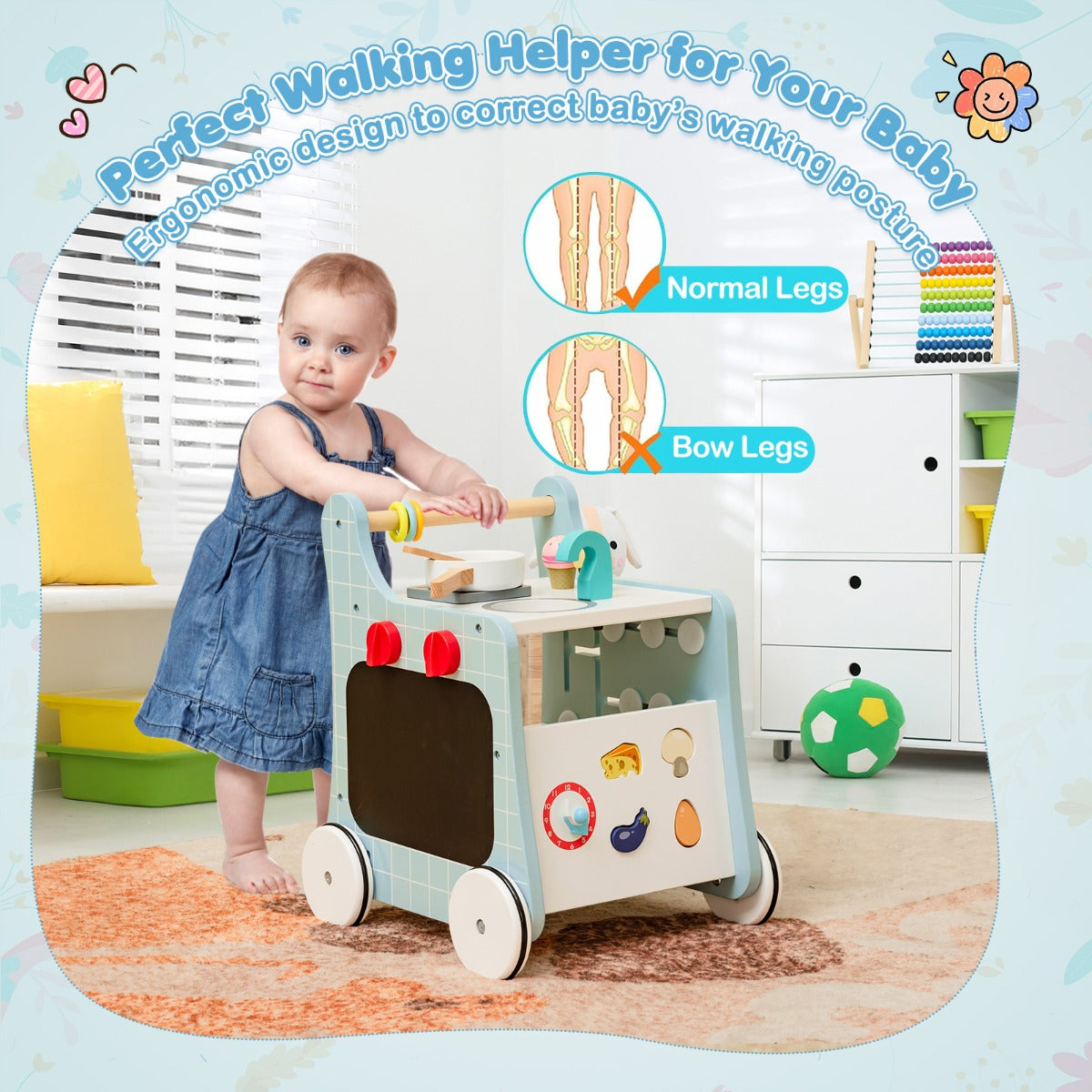 6-in-1 Toddler Push and Pull Walker with Play Kitchen for Kids