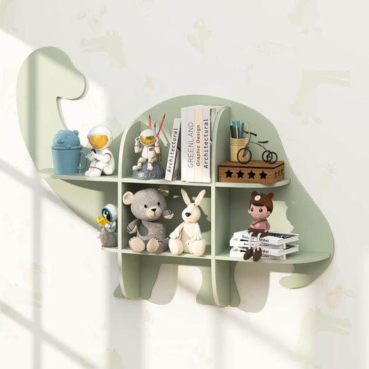 Floating Dinosaur Kids Bookshelf 2-Tier Wood Hanging Bookcase