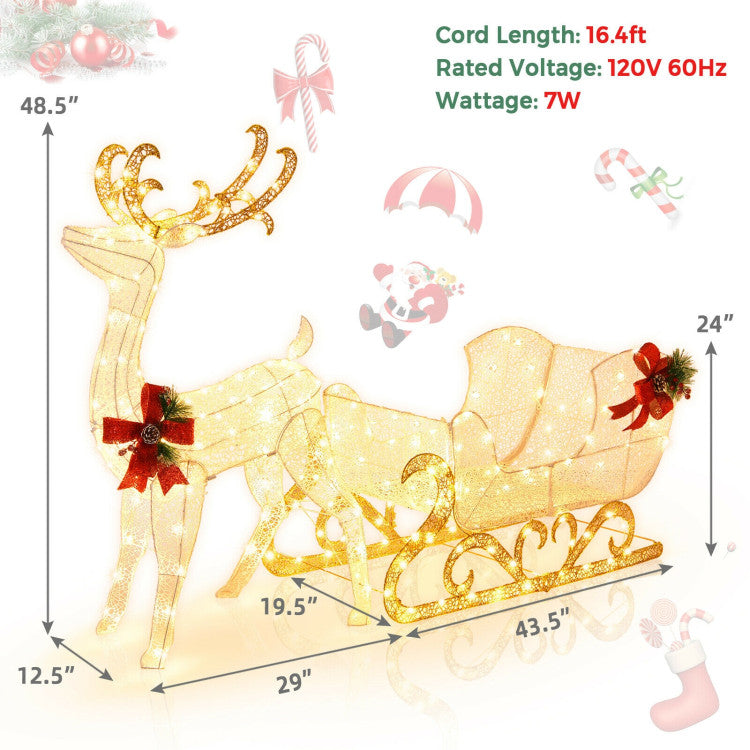 6 Feet Christmas Lighted Reindeer and Santa's Sleigh Decoration with 4 Stakes