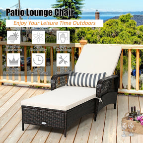 Patio Wicker Chaise Lounge Chair with Pillow and Adjustable Backrest