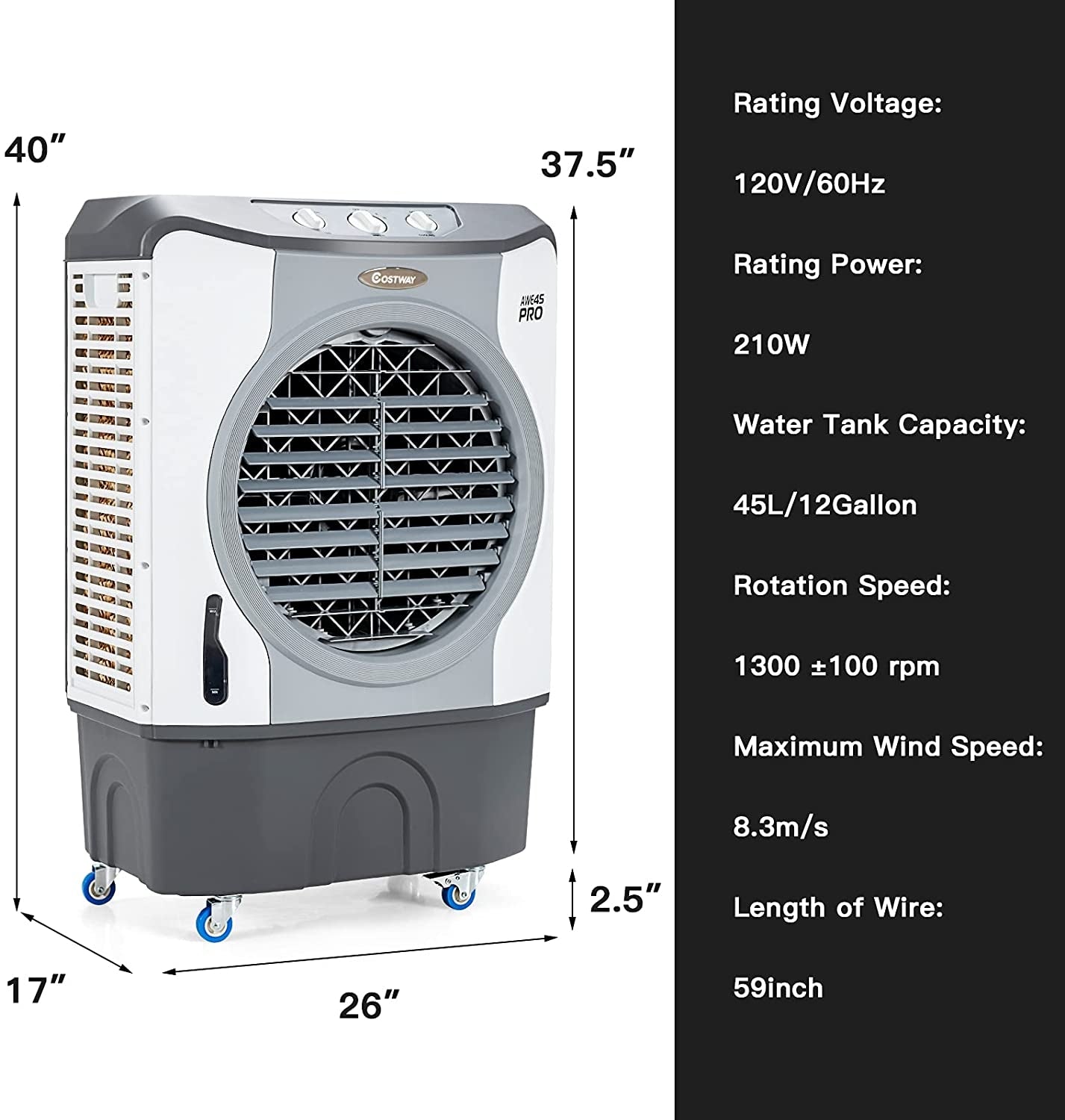 4-in-1 Air Conditioner CFM Industrial Evaporative Cooler Fan 45L Tank