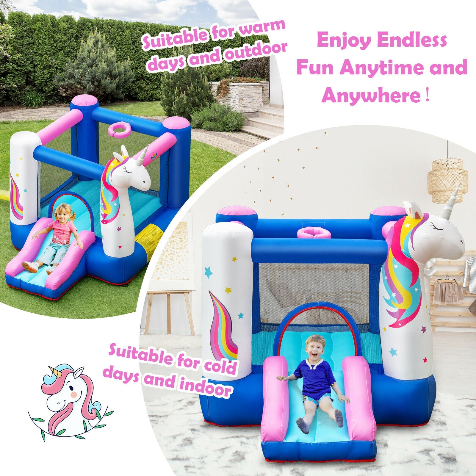 Hikidspace Kids Unicorn Inflatable Bounce House with 480W Blower