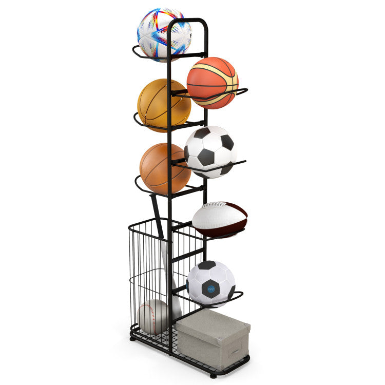 7-Tier Metal Basketball Storage Rack with Removable Hanging Rods and Side Ball Basket