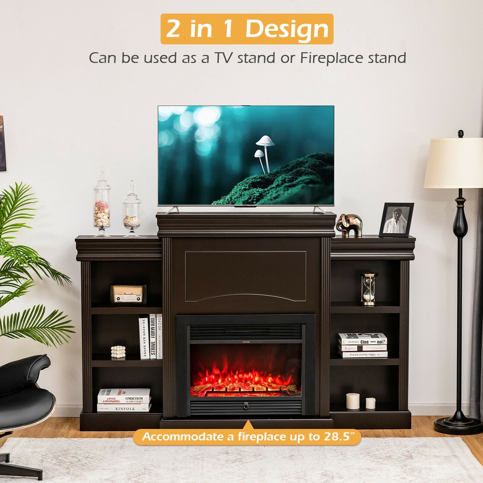 70 Inch Modern Entertainment Center TV Stands with Bookcase for 26" Electric Fireplace