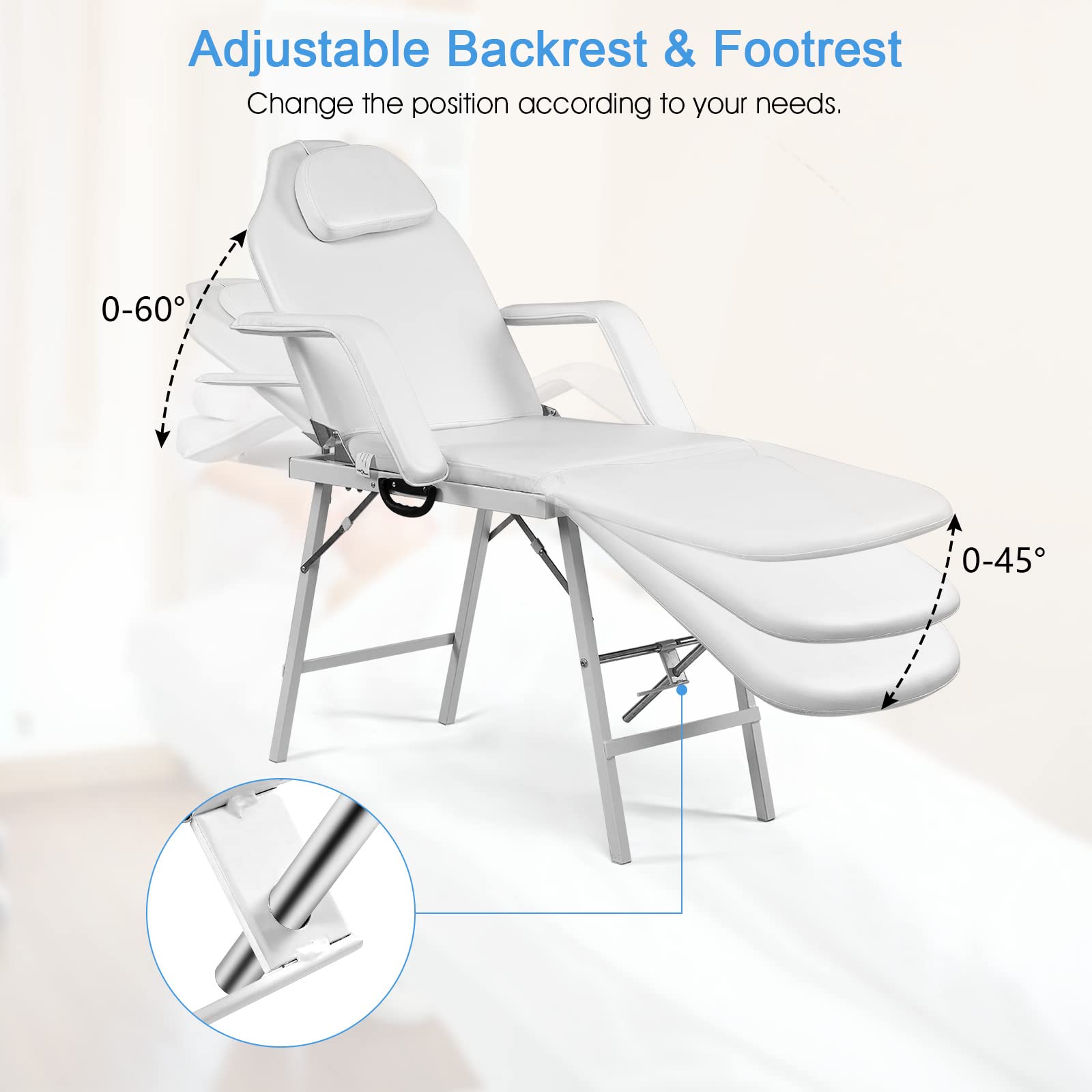 73 Inch Portable Tattoo Salon Facial Bed Massage Table with Adjustable Footrest and Back